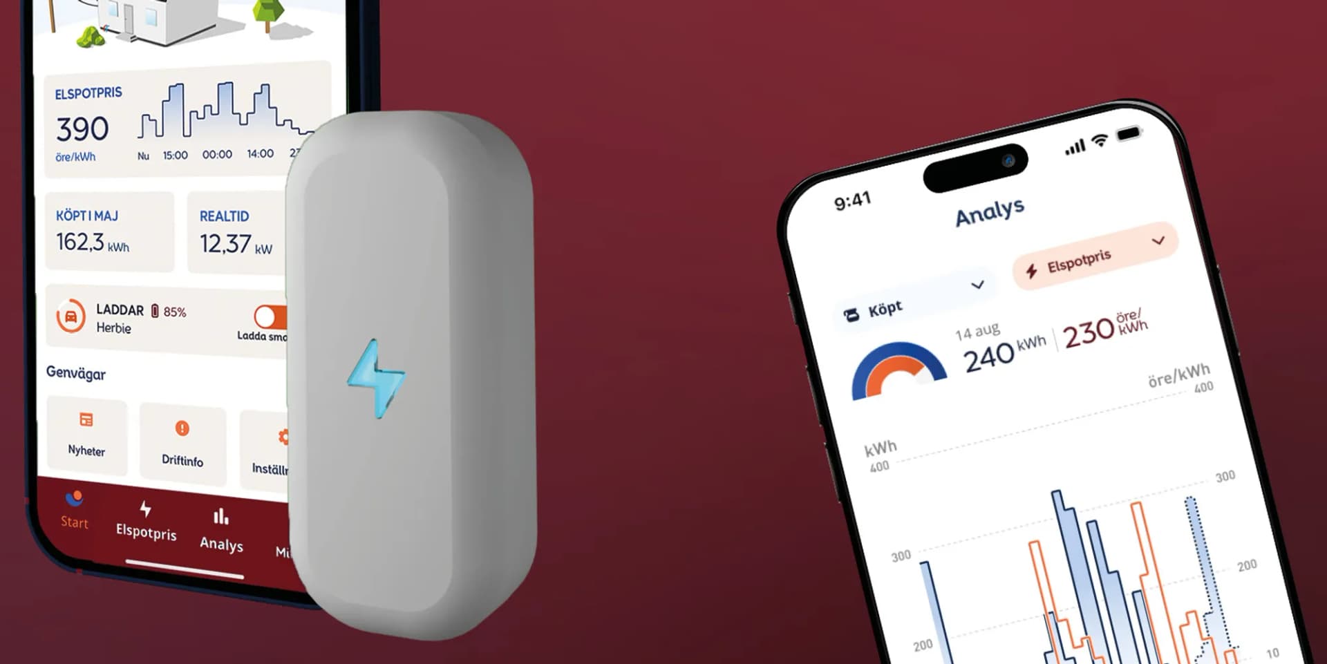 Tre mobiltelefoner med olika skärmar på med Power Hub.