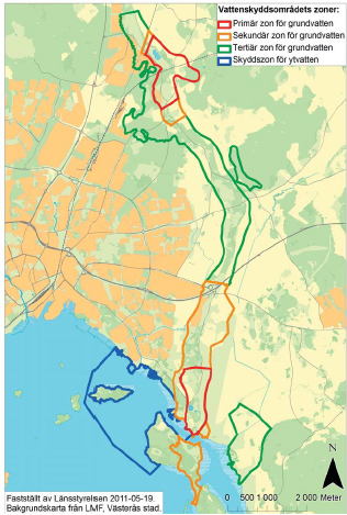 Vattenskyddsområdet i Västerås kommun, kartan visar Badelunda och del av Mälaren
