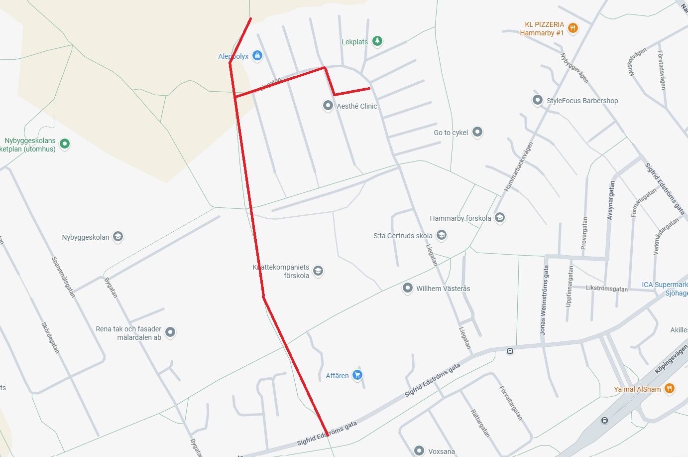Karta med rött streck som markerar schaktarbete på Hammarby.