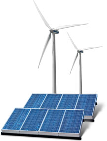 Ett vindkraftverk och solpaneler