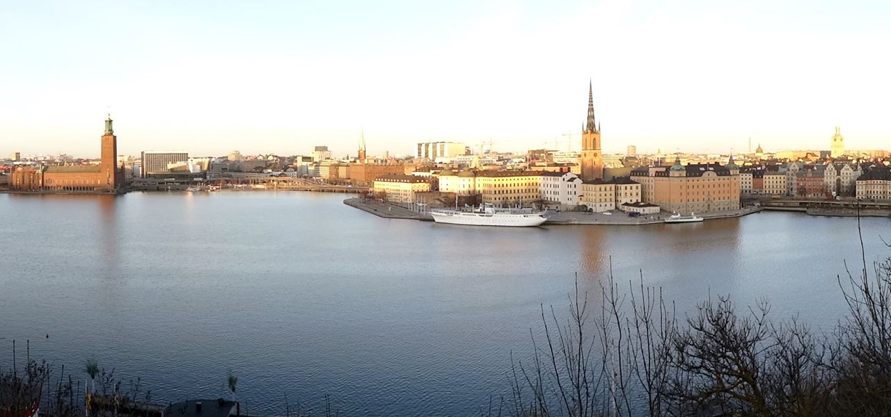 Utsikt över vattnet och stadshuset i Stockholm