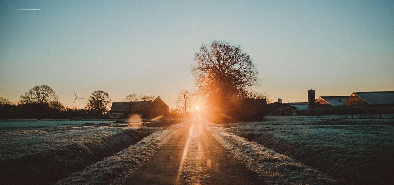 Frostig väg i solnedgång