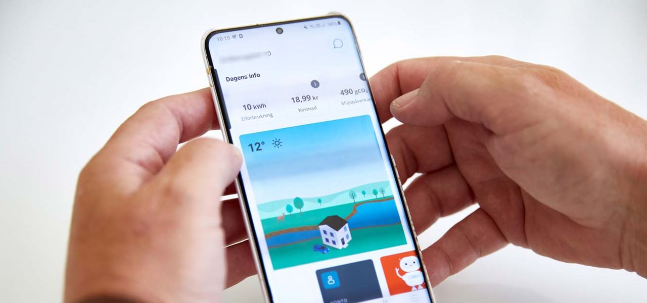 Appen Mitt Mälarenergi En närbild av en mobil med appen Mitt Mälarenergi