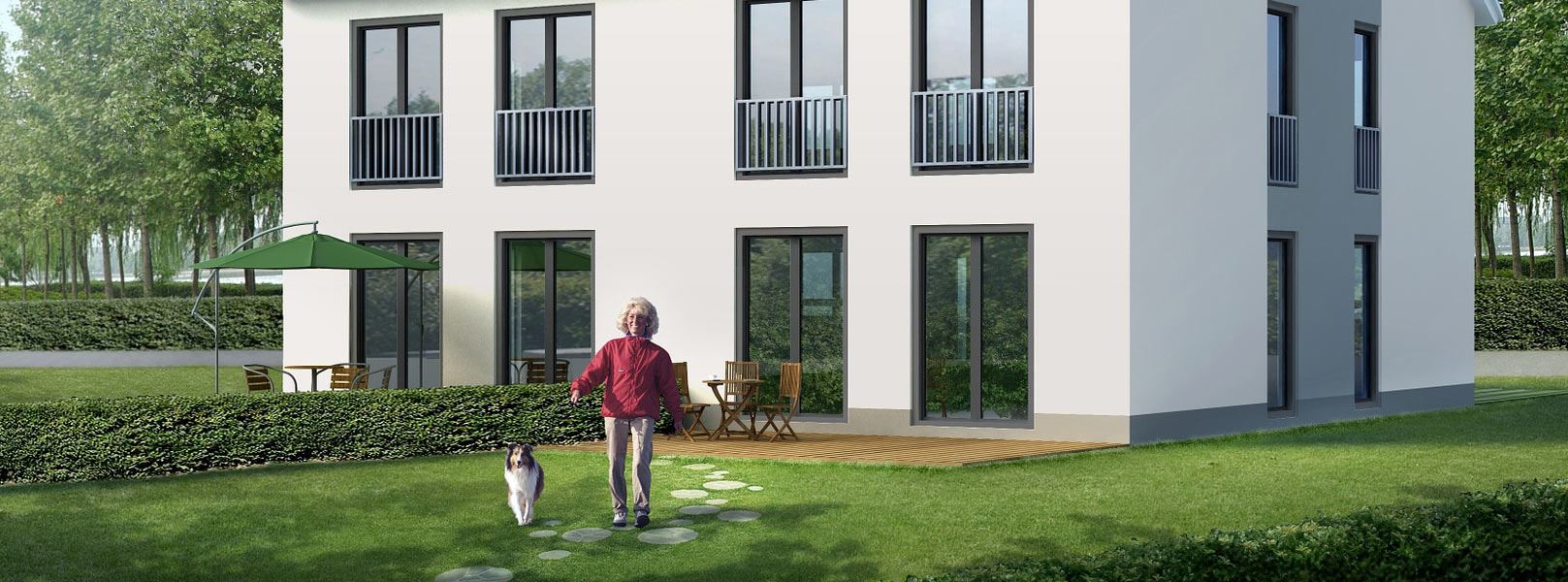 Kvinna går med hund utanför hus