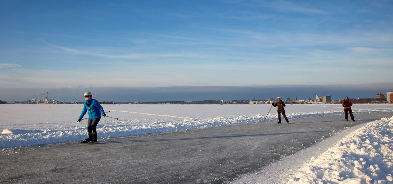 Vinter, personer åker skridsko på Mälaren med Västerås i bakgrunden