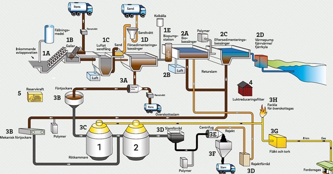 Översikt som förklarar reningsverkets olika steg