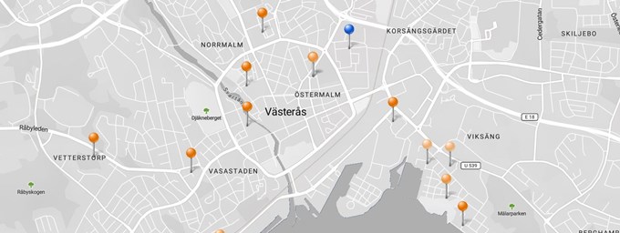 Bilden visar en karta med kartnålar i centrala Västerås