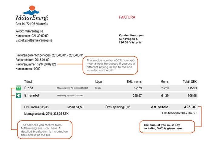 Example of Mälarenergi bill