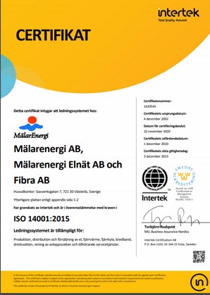 Miljöcertifikatet för Mälarenergi