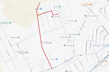 Karta med rött streck som markerar schaktarbete på Hammarby.