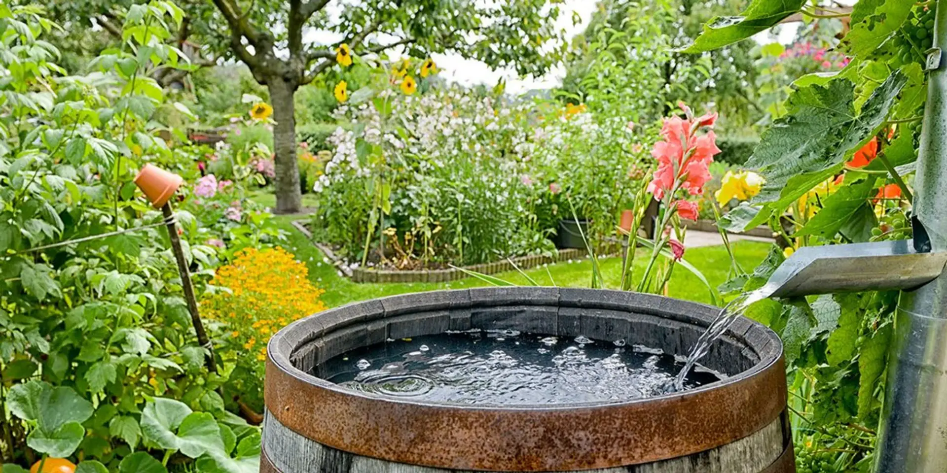 En trätunna fylld med vatten i en trädgård.